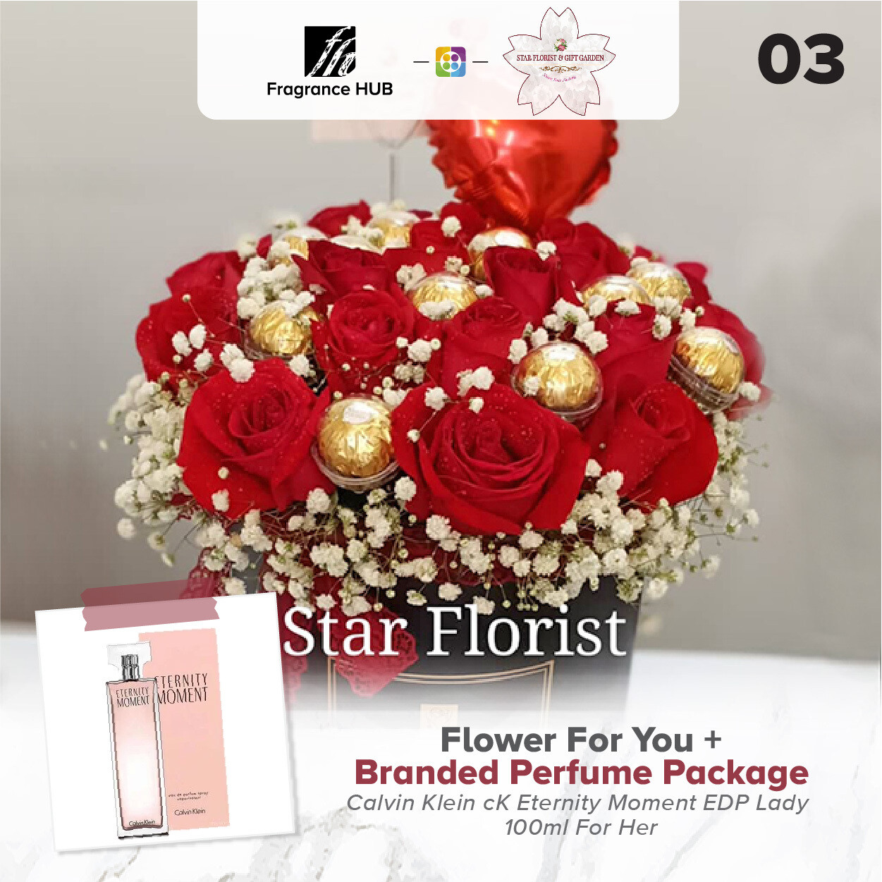 Flower For You (Red Rose + Ferrero Rocher) + Fragrance Hub Branded Perfume (By: Star Florist from Puchong)