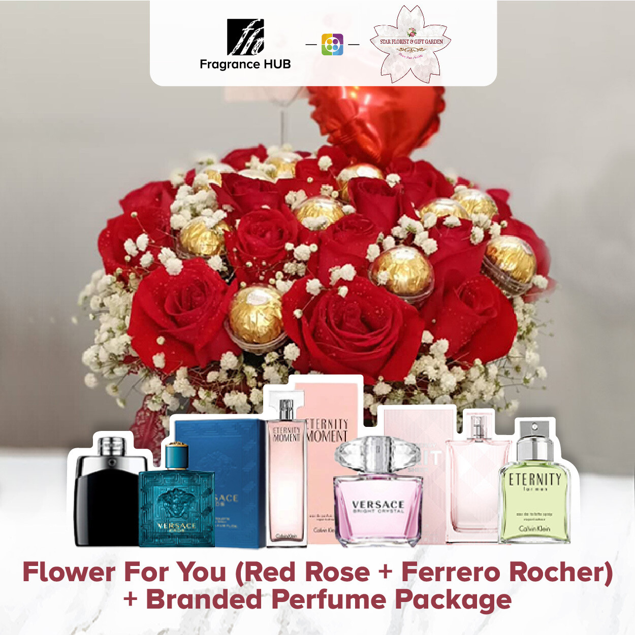 Flower For You (Red Rose + Ferrero Rocher) + Fragrance Hub Branded Perfume (By: Star Florist from Puchong)