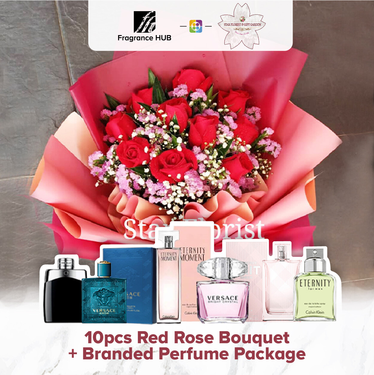 10pcs Red Rose Bouquet + Fragrance Hub Branded Perfume (By: Star Florist from Puchong)