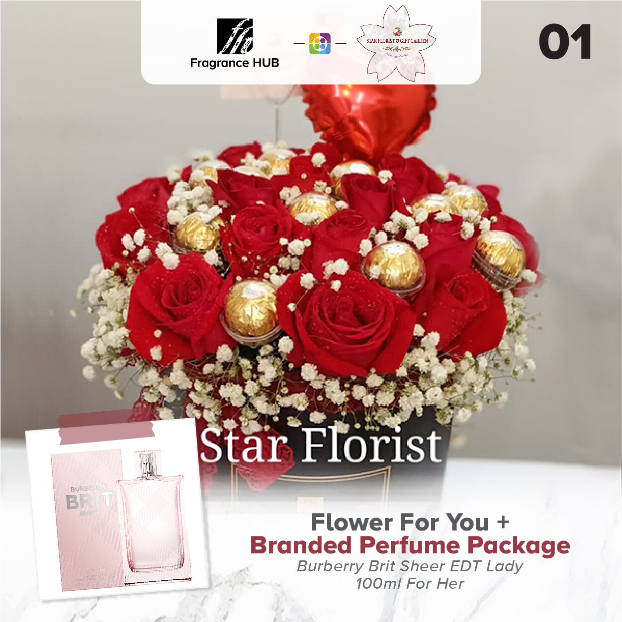 Flower For You (Red Rose + Ferrero Rocher) + Fragrance Hub Branded Perfume (By: Star Florist from Puchong)