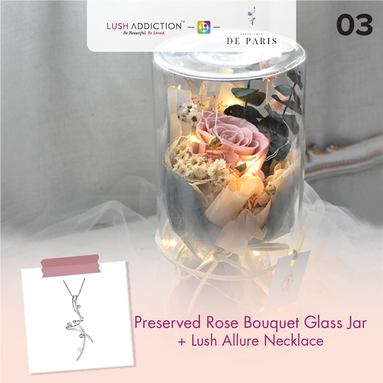 Preserved Rose Bouquet Glass Jar + Lush Addiction Necklace (By: De Paris from Pulau Pinang)