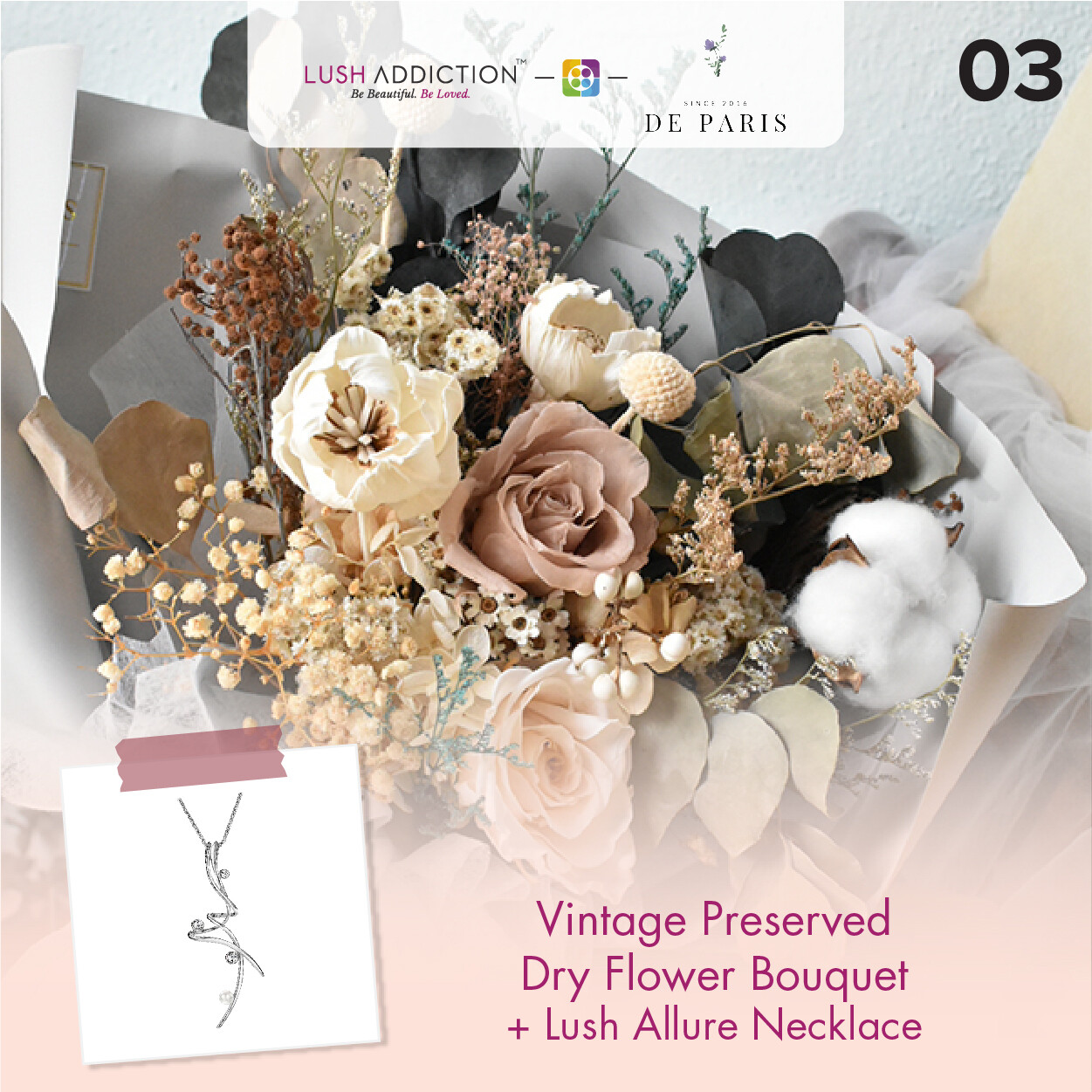 Vintage Preserved Dry Flower Bouquet + Lush Addiction Necklace (By: De Paris from Pulau Pinang)