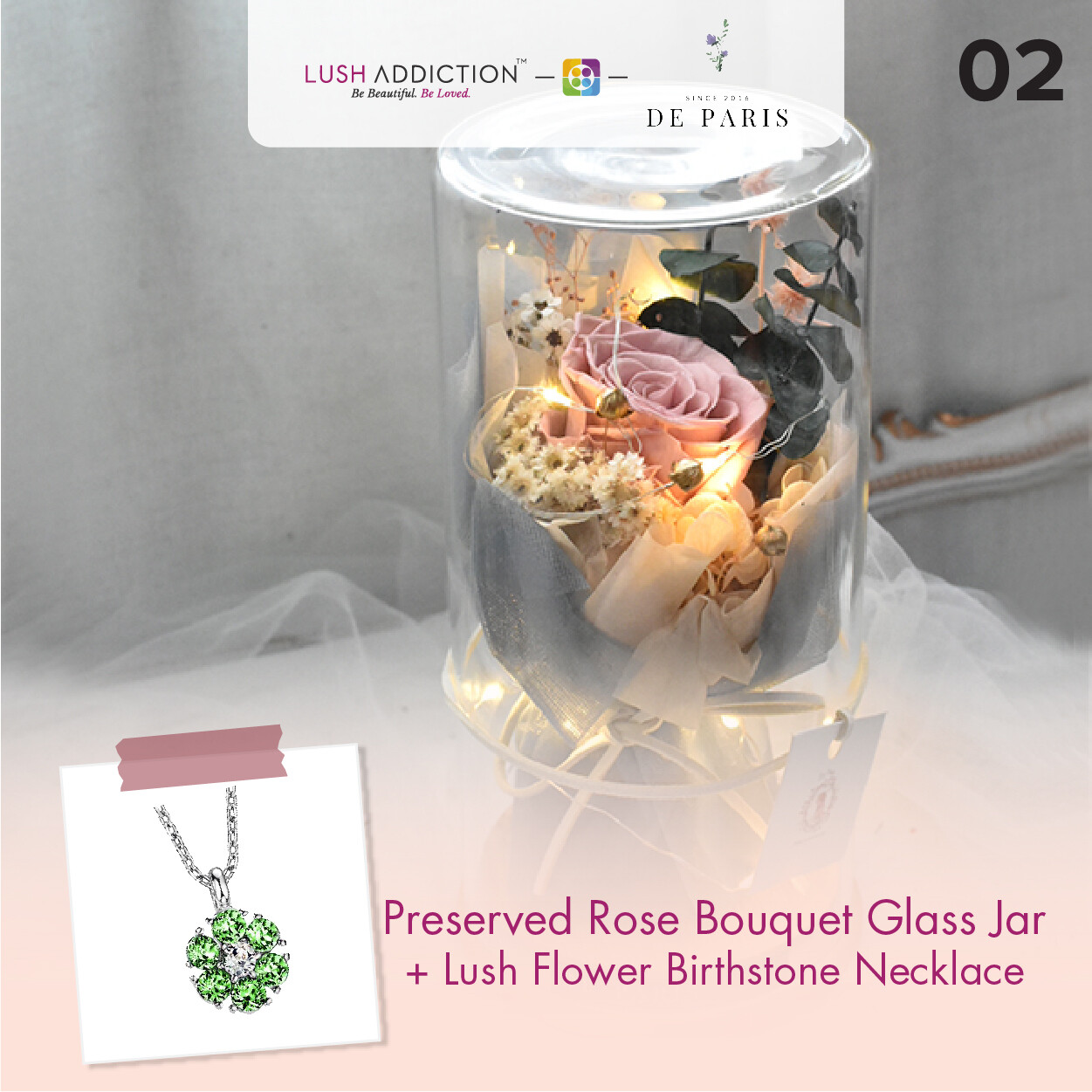Preserved Rose Bouquet Glass Jar + Lush Addiction Necklace (By: De Paris from Pulau Pinang)