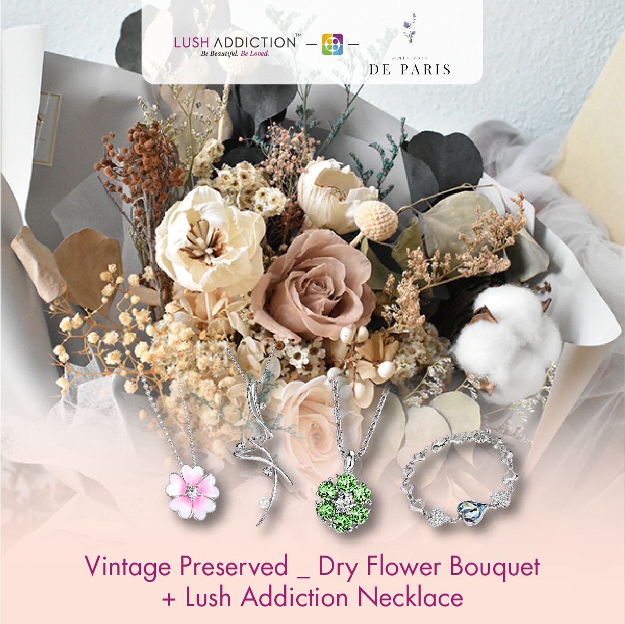 Vintage Preserved Dry Flower Bouquet + Lush Addiction Necklace (By: De Paris from Pulau Pinang)