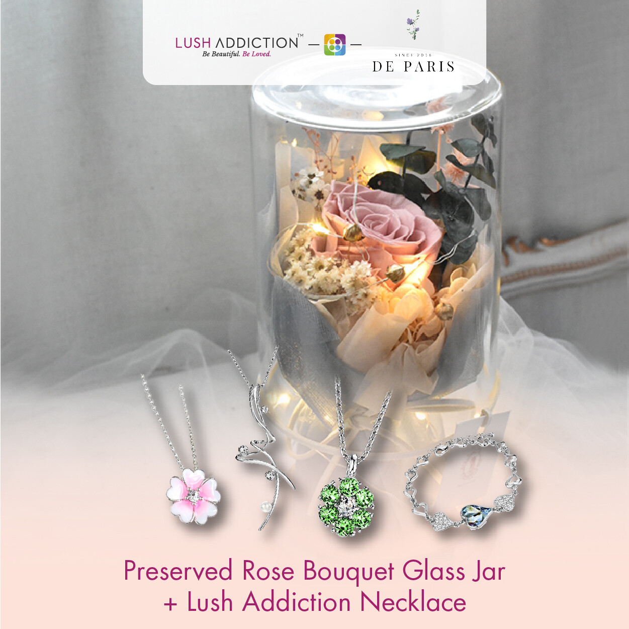 Preserved Rose Bouquet Glass Jar + Lush Addiction Necklace (By: De Paris from Pulau Pinang)