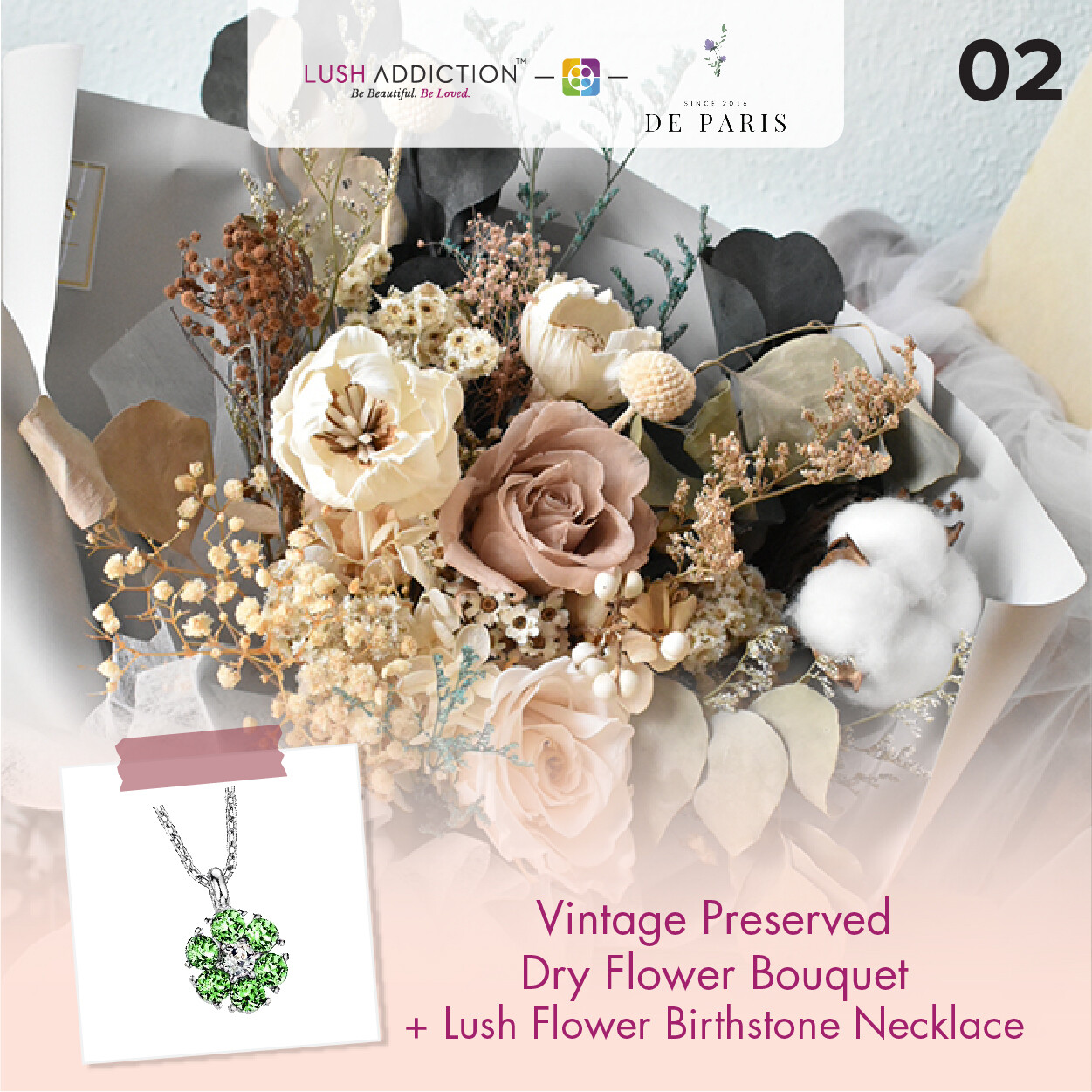 Vintage Preserved Dry Flower Bouquet + Lush Addiction Necklace (By: De Paris from Pulau Pinang)