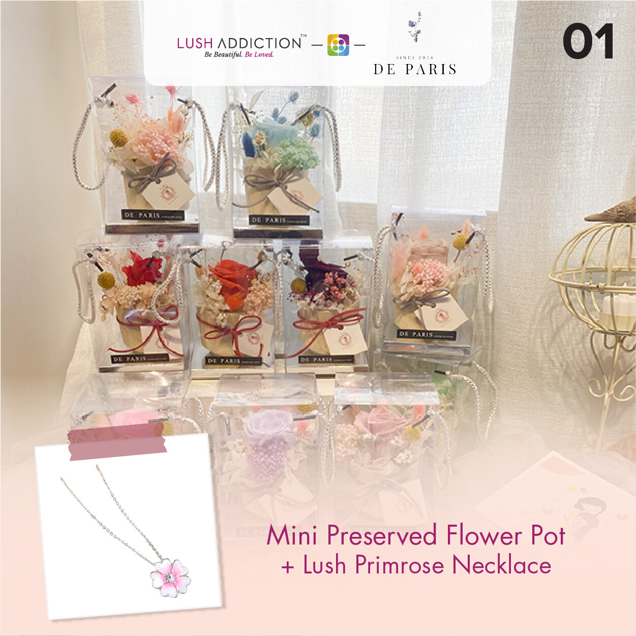 Mini Preserved Flower Pot + Lush Addiction Necklace (By: De Paris from Pulau Pinang)