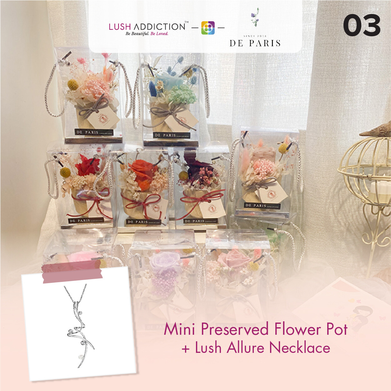 Mini Preserved Flower Pot + Lush Addiction Necklace (By: De Paris from Pulau Pinang)