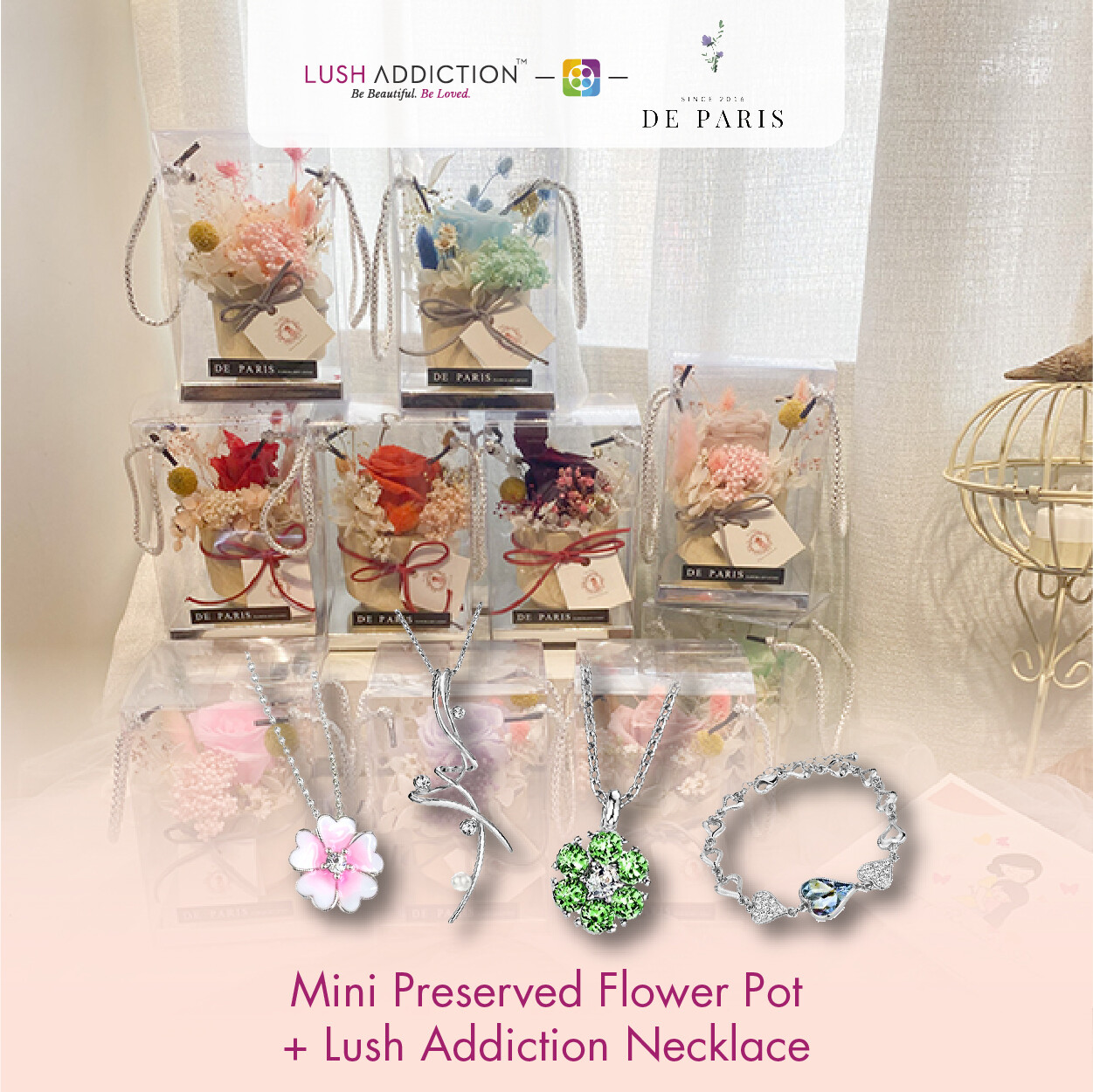 Mini Preserved Flower Pot + Lush Addiction Necklace (By: De Paris from Pulau Pinang)
