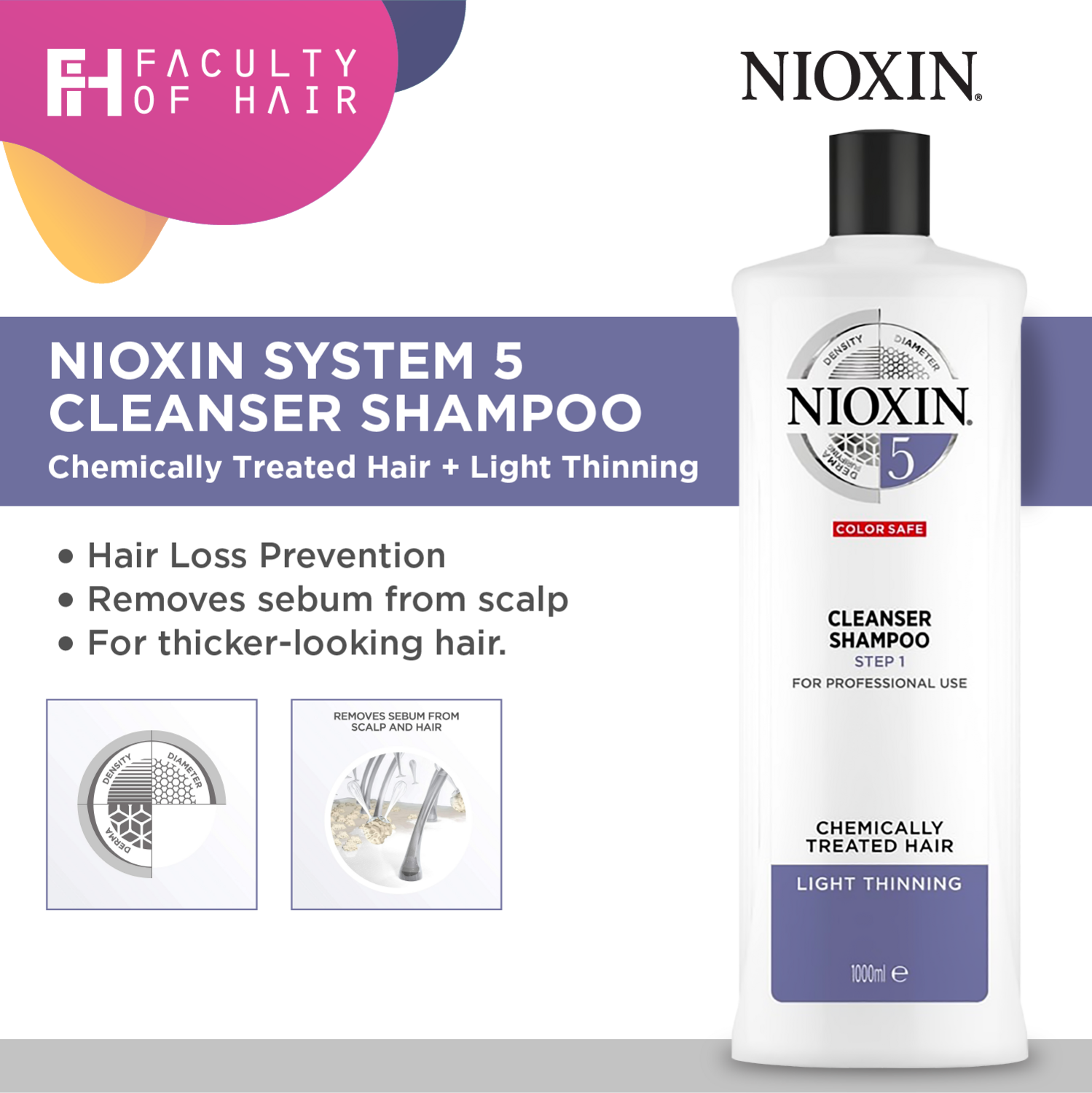 NIOXIN System 5 Cleanser Shampoo For Chemically Treated Hair With Light Thinning 1000ml (By: Faculty of Hair)