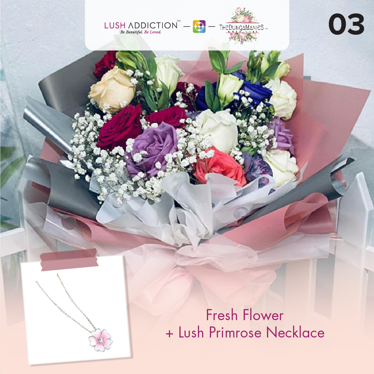 Peach Perfection Fresh Flowers Bouquet + Lush Addiction Necklace (By: The Bunga Manies from Bintulu)
