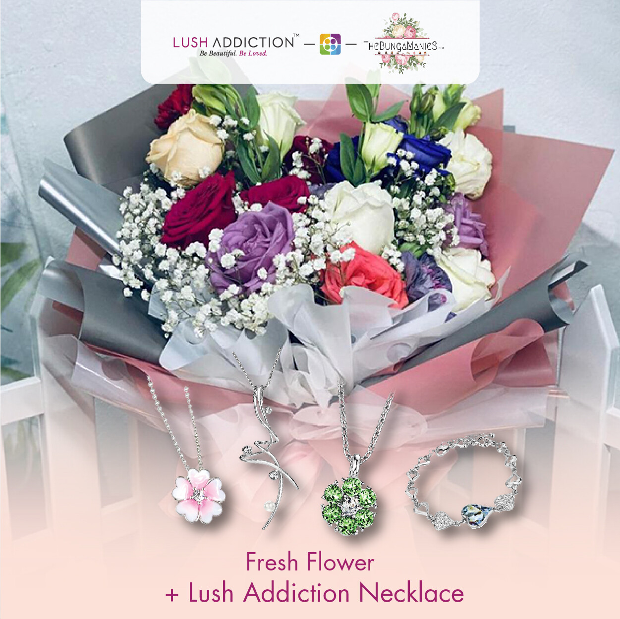 Peach Perfection Fresh Flowers Bouquet + Lush Addiction Necklace (By: The Bunga Manies from Bintulu)