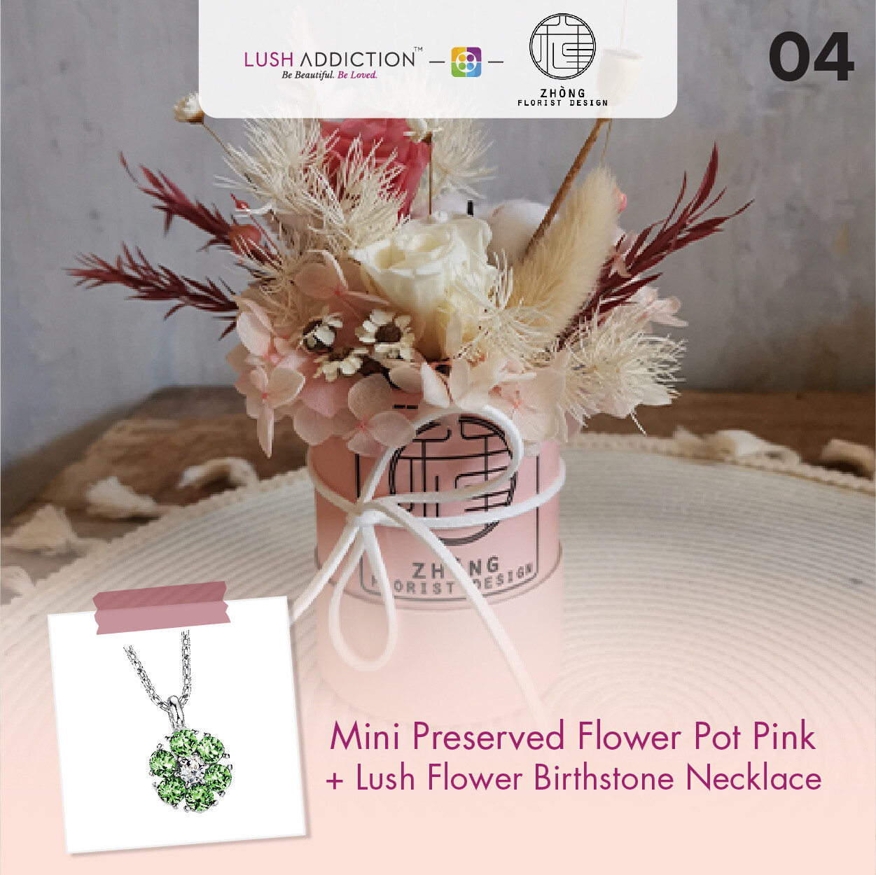 Mini Preserved Flower Pot - Pink + Lush Addiction Necklace (By: Zhong Florist from Penang)