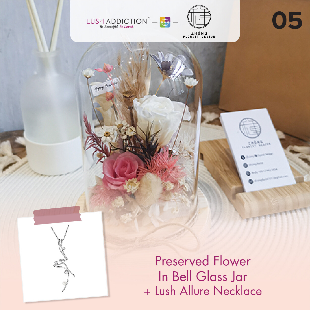 Preserved Flower In Bell Glass Jar  + Lush Addiction Necklace (By: Zhong Florist from Penang)