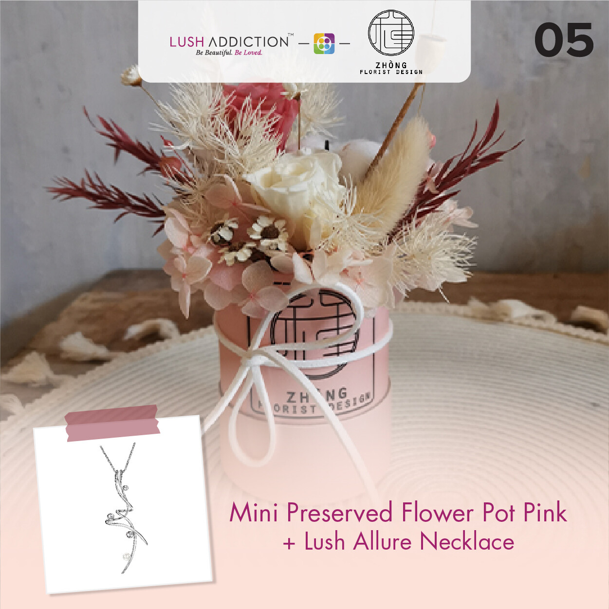Mini Preserved Flower Pot - White+ Lush Addiction Necklace (By: Zhong Florist from Penang)