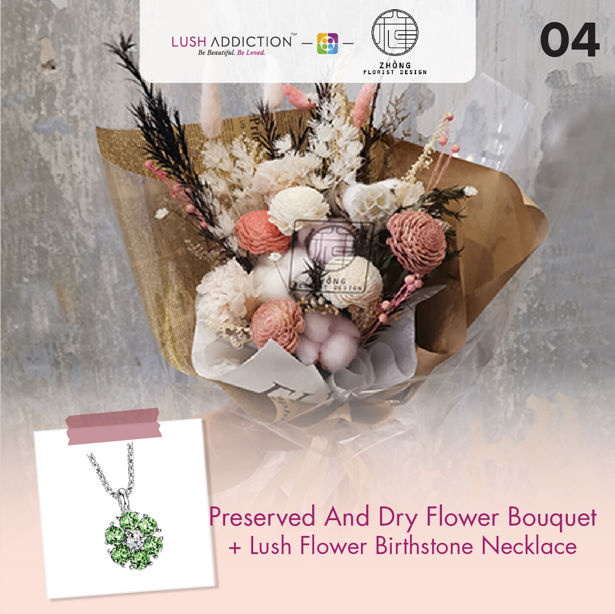 Preserved And Dry Flower Bouquet + Lush Addiction Necklace (By: Zhong Florist from Penang)