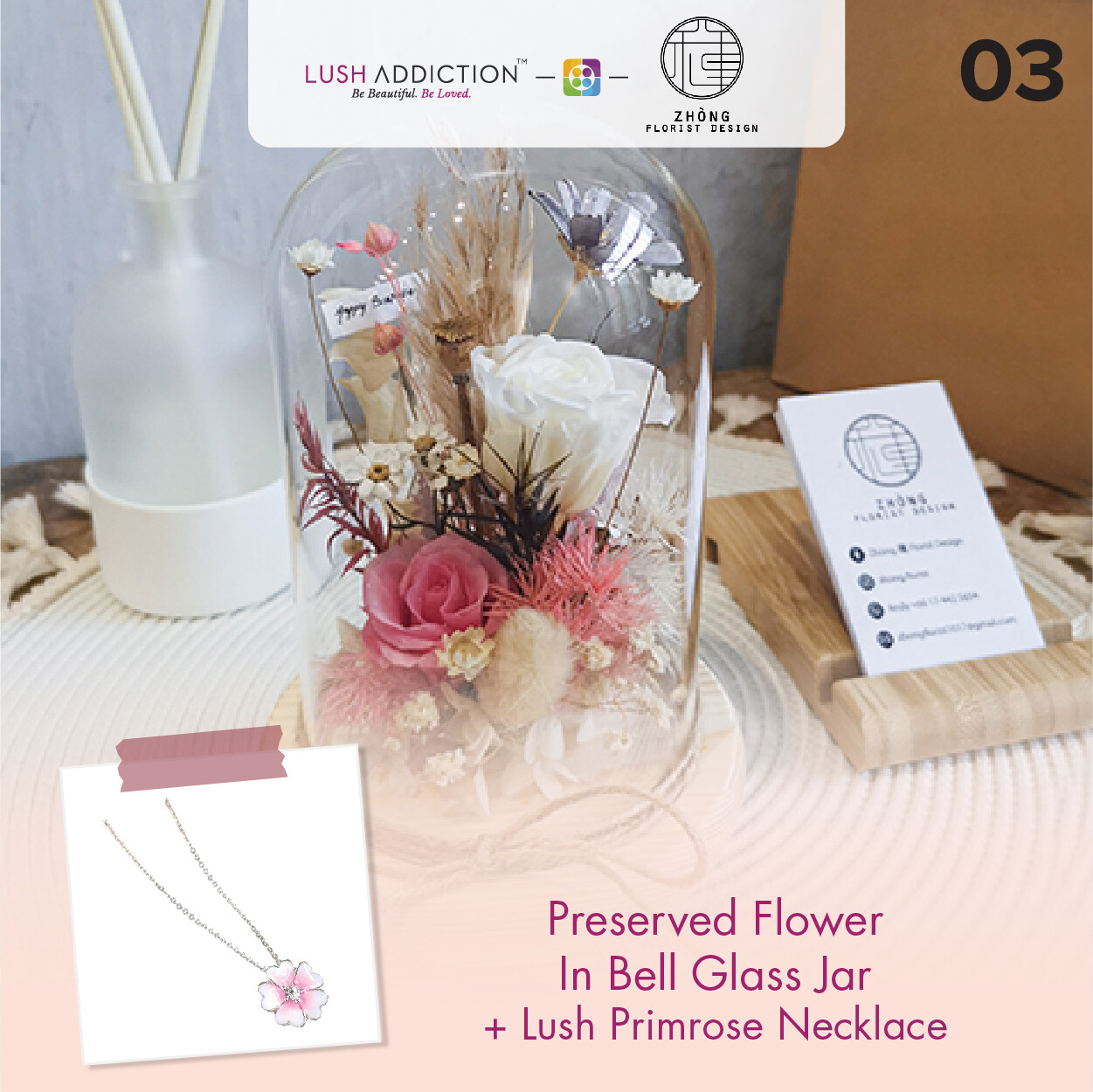 Preserved Flower In Bell Glass Jar  + Lush Addiction Necklace (By: Zhong Florist from Penang)