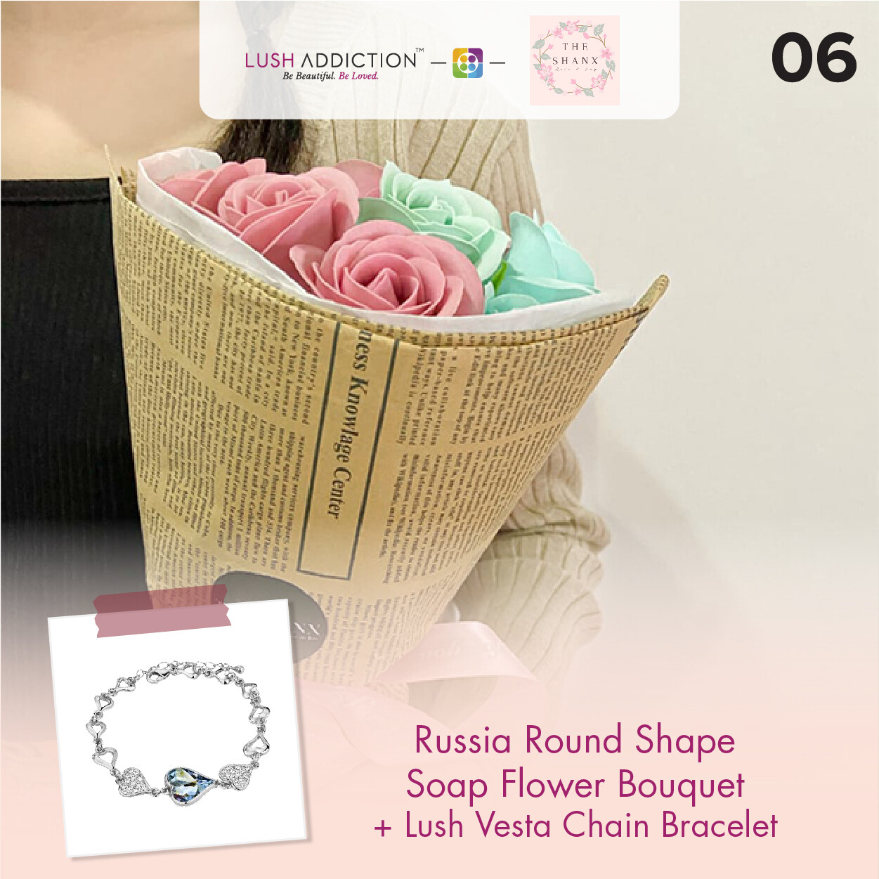 Russia Round Shape Soap Flower Bouquet + Lush Addiction Necklace (By: The Shanx Florist from Melacca)