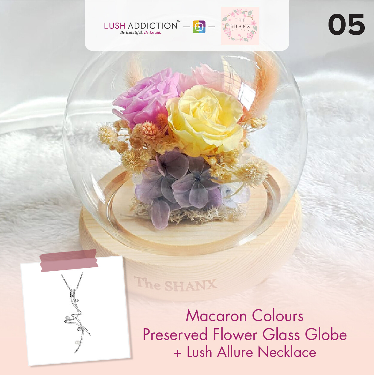Macaron Colours Preserved Flower Glass Globe + Lush Addiction Necklace (By: The Shanx Florist from Melacca)