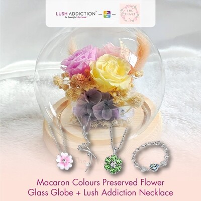 Macaron Colours Preserved Flower Glass Globe + Lush Addiction Necklace (By: The Shanx Florist from Melacca)