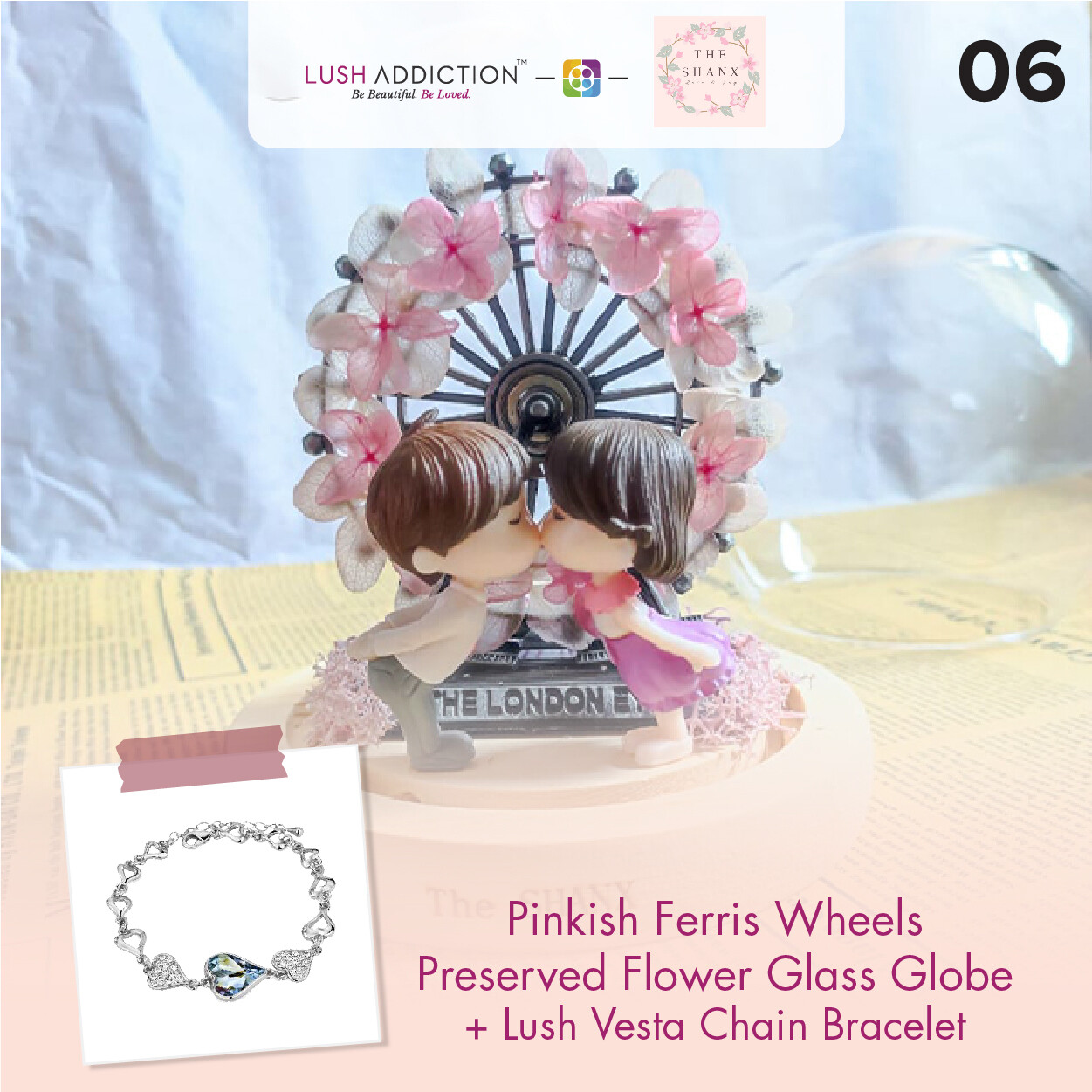 Pinkish Ferris Wheels Preserved Flower Glass Globe + Lush Addiction Necklace (By: The Shanx Florist from Melaka)