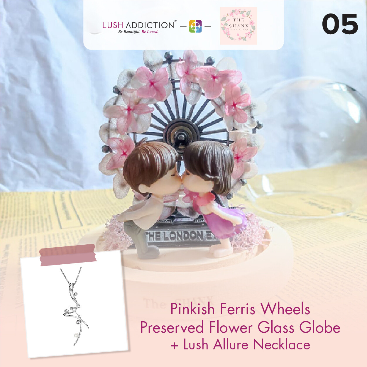 Pinkish Ferris Wheels Preserved Flower Glass Globe + Lush Addiction Necklace (By: The Shanx Florist from Melaka)