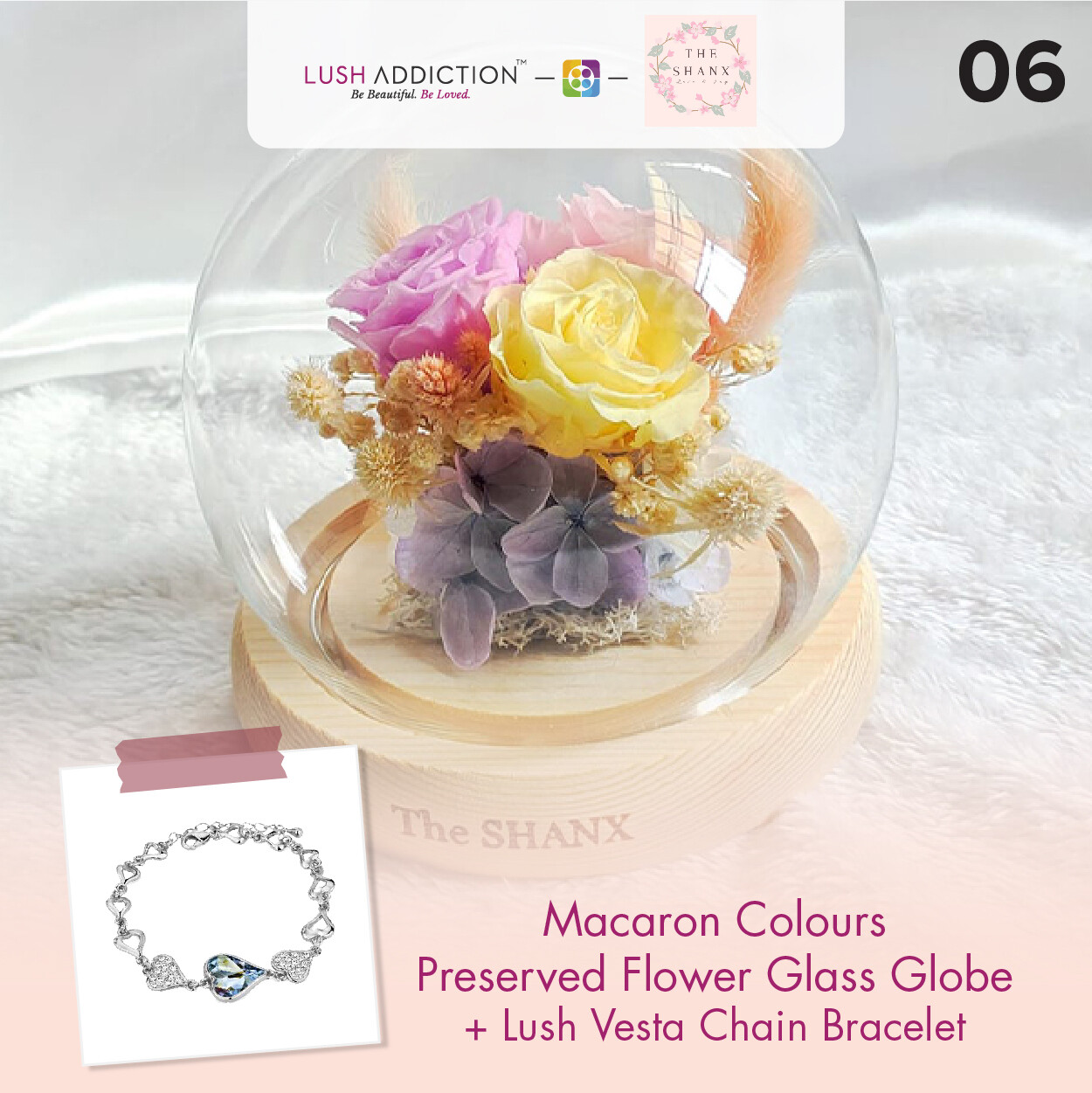Macaron Colours Preserved Flower Glass Globe + Lush Addiction Necklace (By: The Shanx Florist from Melacca)