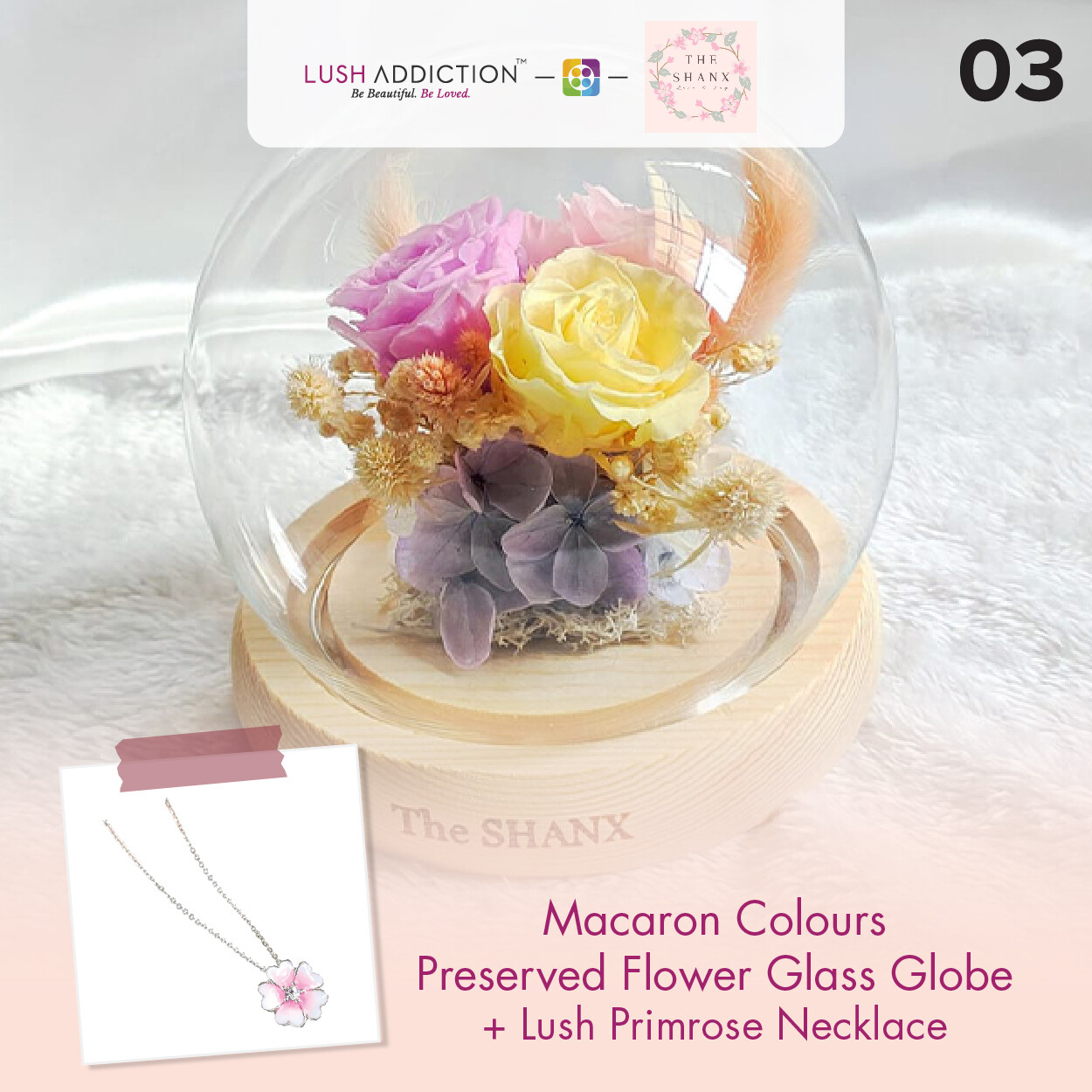 Macaron Colours Preserved Flower Glass Globe + Lush Addiction Necklace (By: The Shanx Florist from Melacca)
