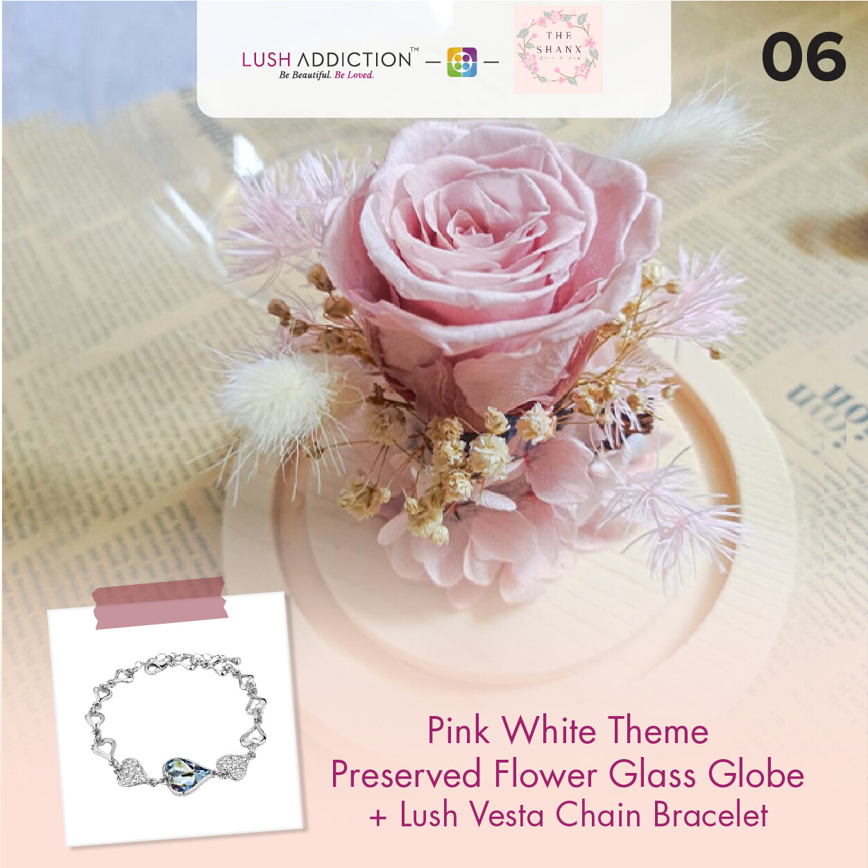 Pink White Theme Preserved Flower Glass Globe + Lush Addiction Necklace (By: The Shanx Florist from Melaka)