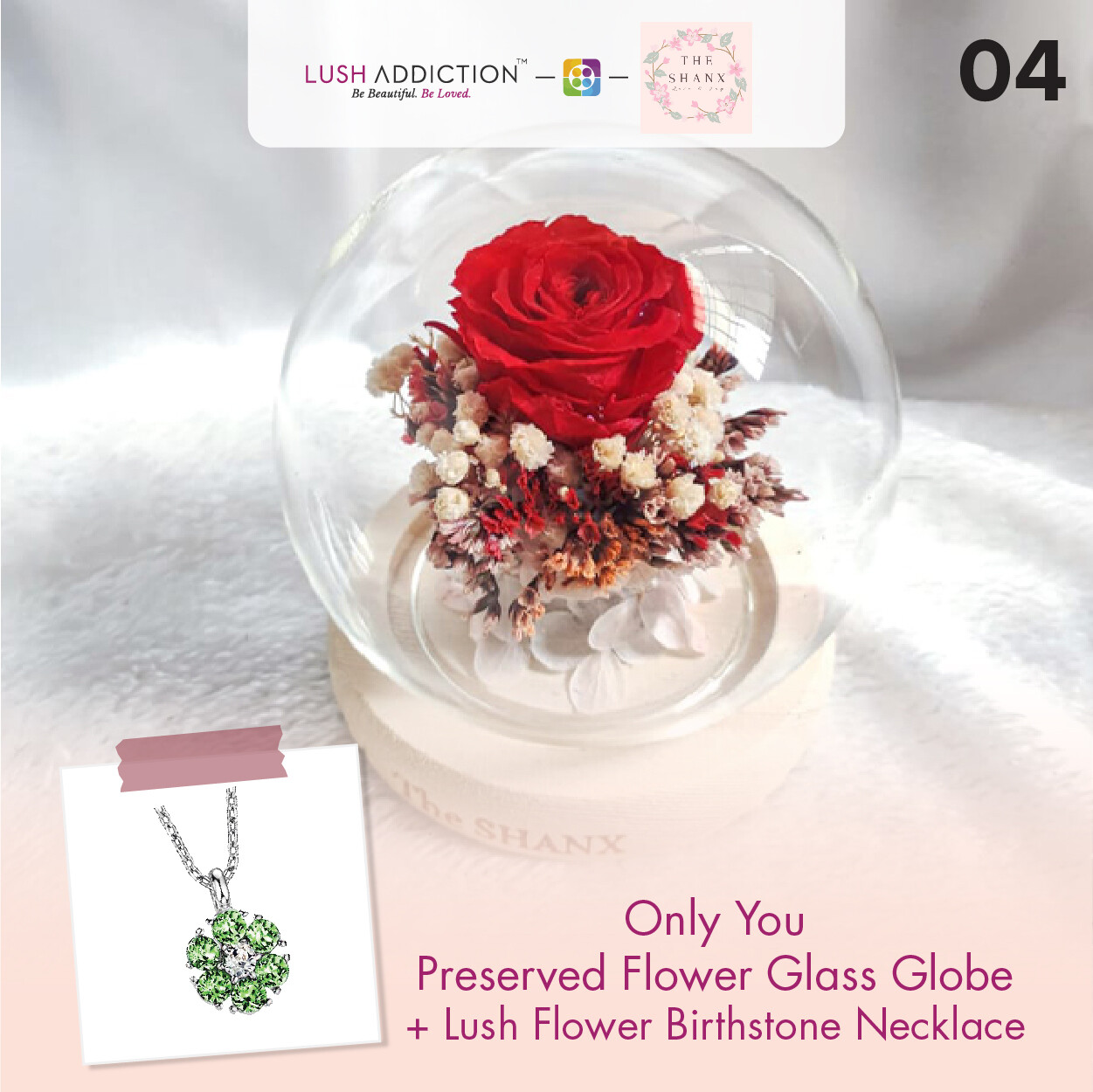 Only You Preserved Flower Glass Globe + Lush Addiction Necklace (By: The Shanx Florist from Melacca)