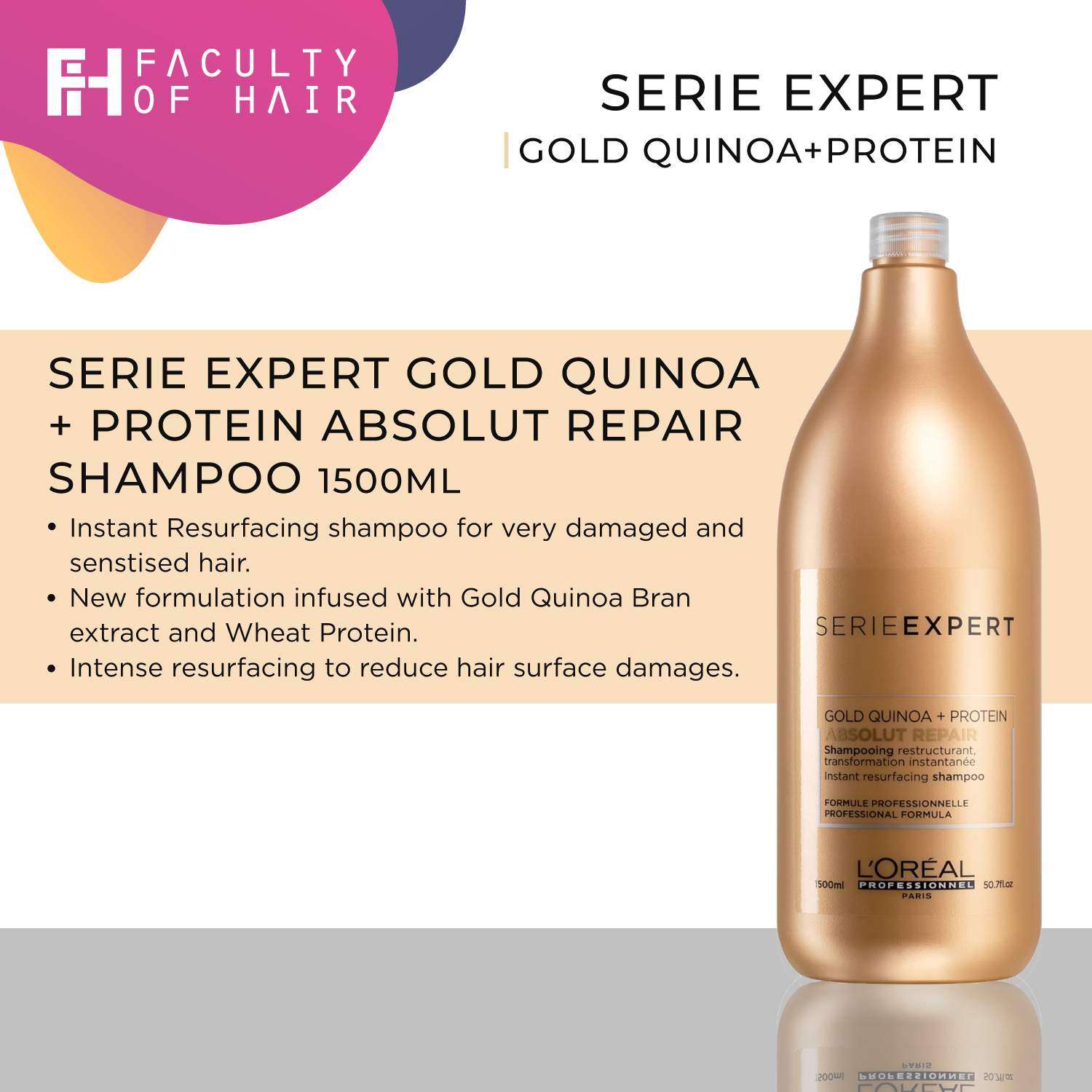 Loreal Professionnel Absolut Repair Lipidium Instant Resurfacing Shampoo 1500ml Suit Very Damaged Hair (By: Faculty of Hair)