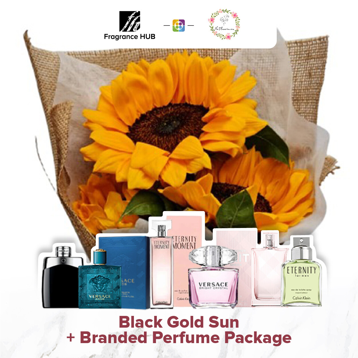 Black Gold Sun Bouquet + Fragrance Hub Branded Perfume (By: Flower 4 U from Petaling Jaya)