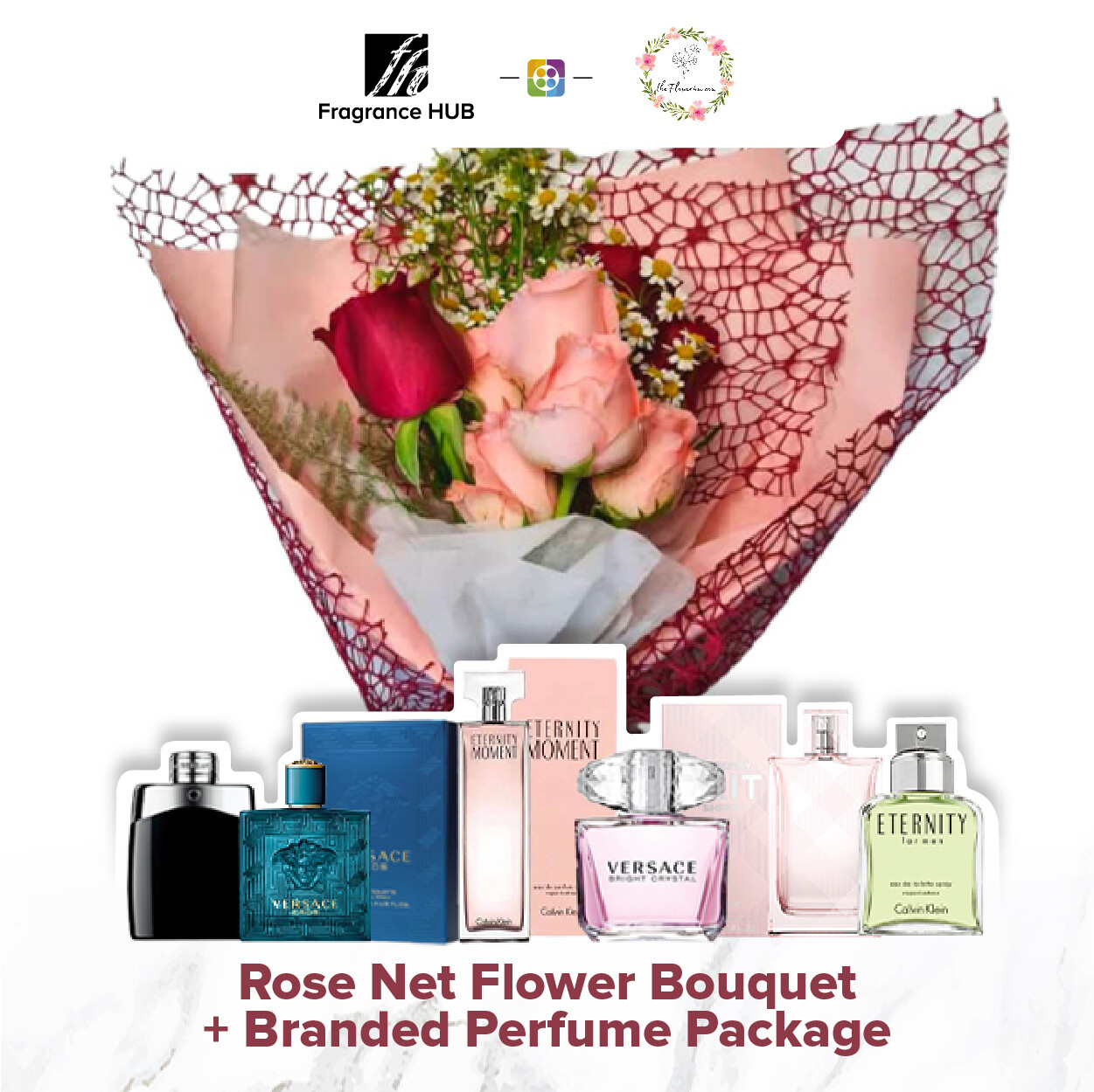 Rose Net Flower Bouquet + Fragrance Hub Branded Perfume (By: Flower 4 U from Petaling Jaya)