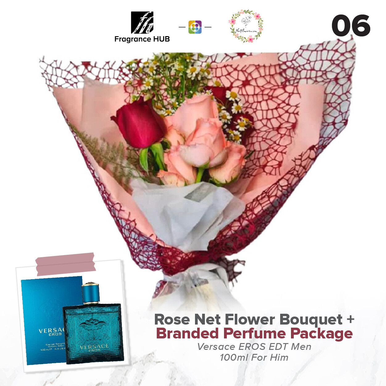 Rose Net Flower Bouquet + Fragrance Hub Branded Perfume (By: Flower 4 U from Petaling Jaya)