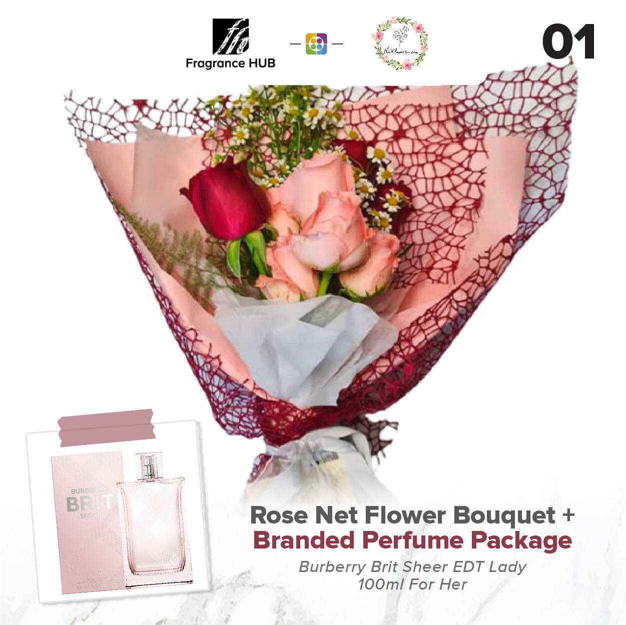 Rose Net Flower Bouquet + Fragrance Hub Branded Perfume (By: Flower 4 U from Petaling Jaya)