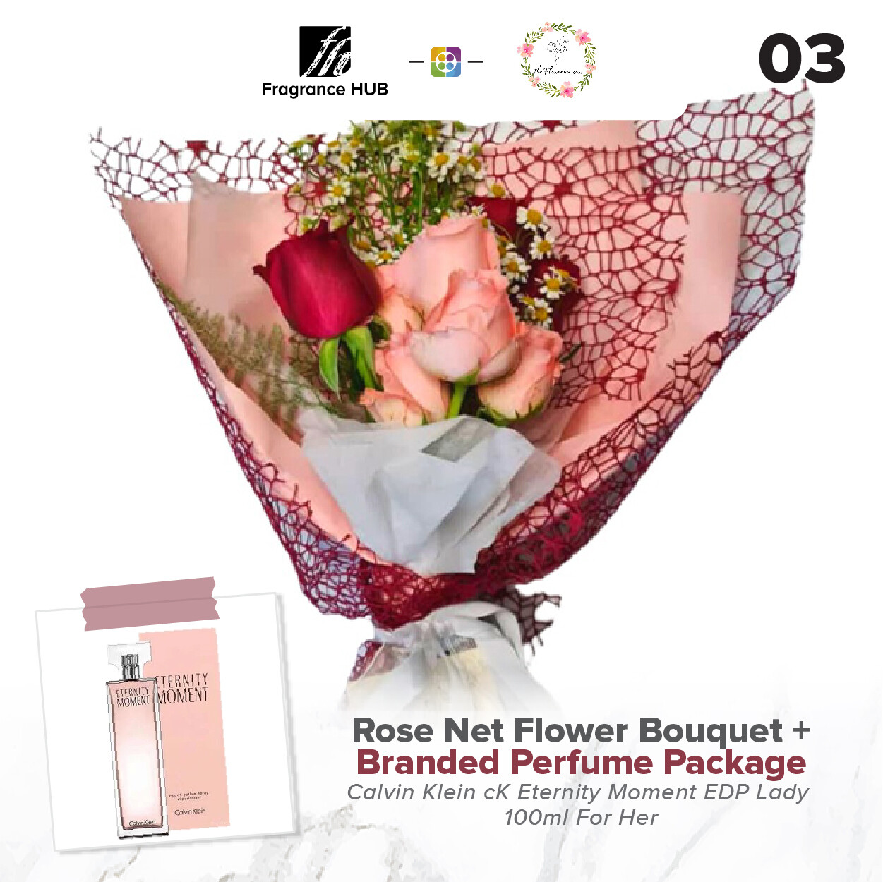 Rose Net Flower Bouquet + Fragrance Hub Branded Perfume (By: Flower 4 U from Petaling Jaya)