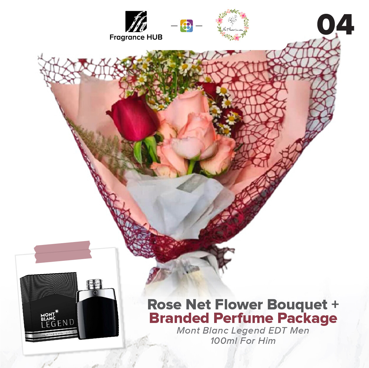 Rose Net Flower Bouquet + Fragrance Hub Branded Perfume (By: Flower 4 U from Petaling Jaya)
