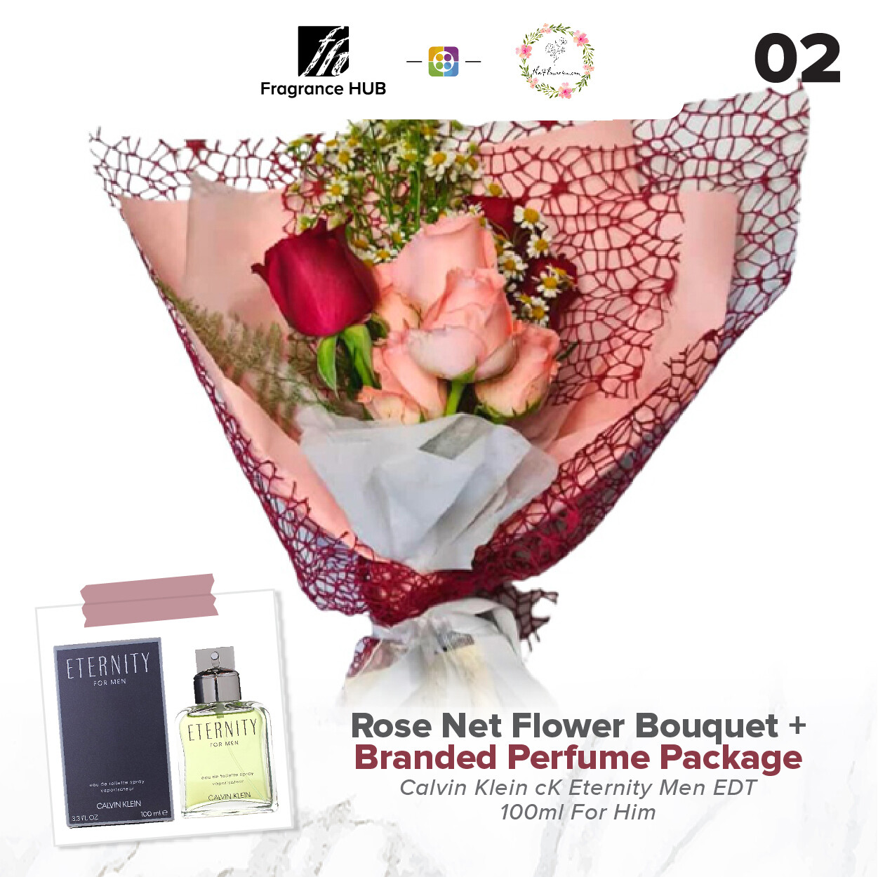 Rose Net Flower Bouquet + Fragrance Hub Branded Perfume (By: Flower 4 U from Petaling Jaya)