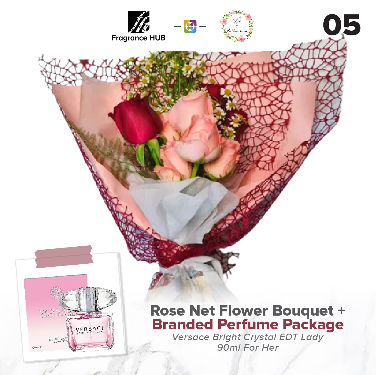 Rose Net Flower Bouquet + Fragrance Hub Branded Perfume (By: Flower 4 U from Petaling Jaya)