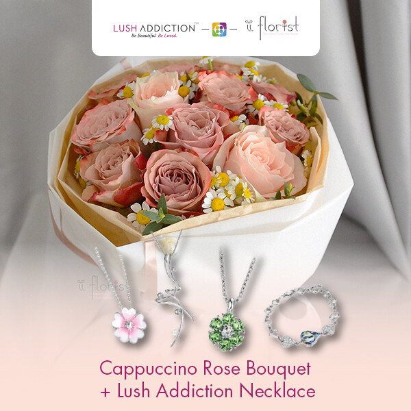 Cappuccino Rose Bouquet + Lush Addiction Necklace (By: iiFlorist from Cheras)