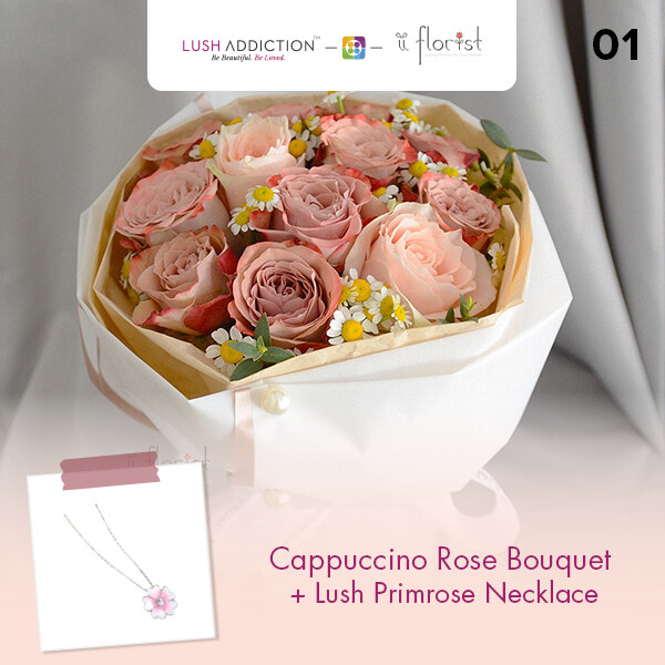Cappuccino Rose Bouquet + Lush Addiction Necklace (By: iiFlorist from Cheras)