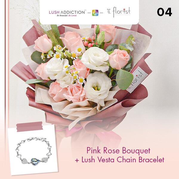 Pink Rose Bouquet + Lush Addiction Necklace (By: iiFlorist from Cheras)