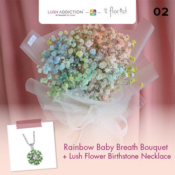 Rainbow Baby Breath Bouquet + Lush Addiction Necklace (By: iiFlorist from Cheras)