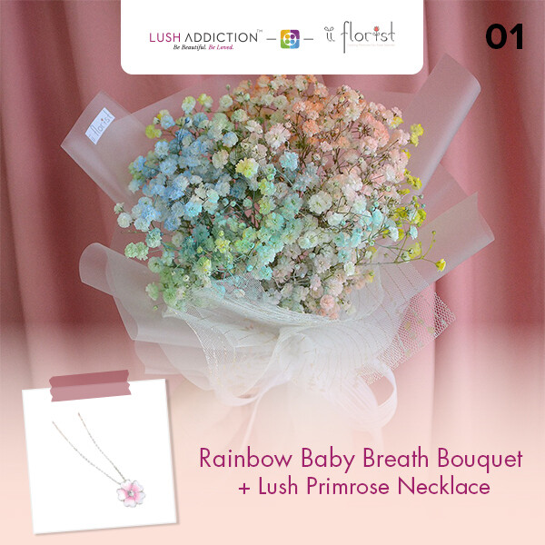 Rainbow Baby Breath Bouquet + Lush Addiction Necklace (By: iiFlorist from Cheras)