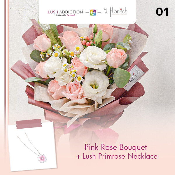 Pink Rose Bouquet + Lush Addiction Necklace (By: iiFlorist from Cheras)