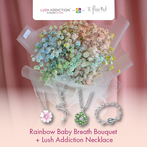 Rainbow Baby Breath Bouquet + Lush Addiction Necklace (By: iiFlorist from Cheras)