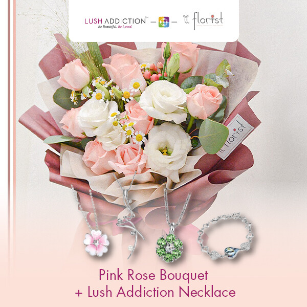 Pink Rose Bouquet + Lush Addiction Necklace (By: iiFlorist from Cheras)