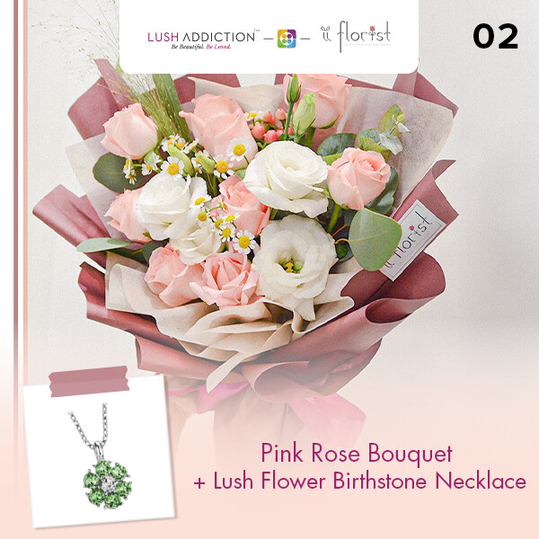 Pink Rose Bouquet + Lush Addiction Necklace (By: iiFlorist from Cheras)