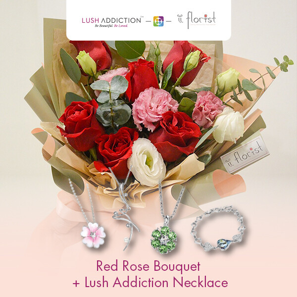 Red Rose Bouquet + Lush Addiction Necklace (By: iiFlorist from Cheras)