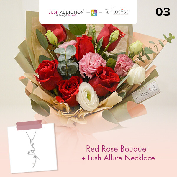 Red Rose Bouquet + Lush Addiction Necklace (By: iiFlorist from Cheras)